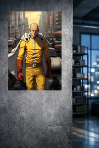 Yellow-Suited City Hero metal wall art displayed in a modern interior