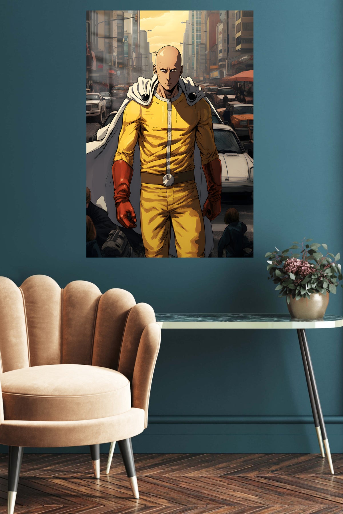 Yellow-Suited City Hero metal wall art displayed in a contemporary living space