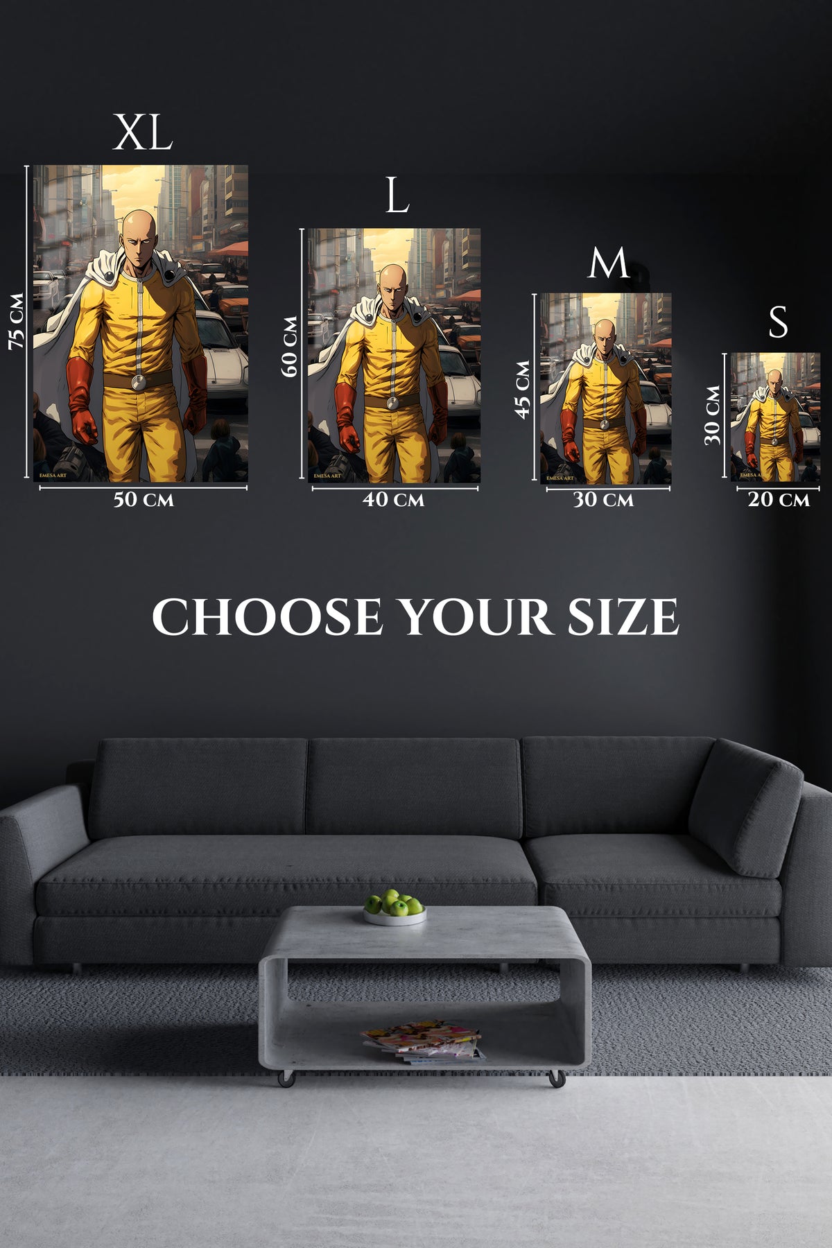 EMESA metal wall art size comparison guide for Yellow-Suited City Hero