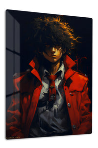 Golden-Haired Figure in Crimson Coat premium metal wall art Ã¢â‚¬â€œ front view