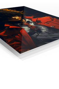 Golden-Haired Figure in Crimson Coat premium metal wall art Ã¢â‚¬â€œ angled view
