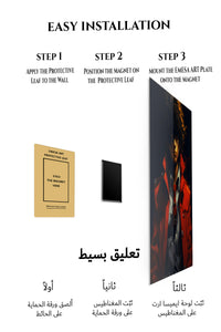 Magnetic mounting installation guide for Golden-Haired Figure in Crimson Coat metal wall art