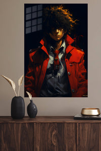 Golden-Haired Figure in Crimson Coat metal wall art displayed in a modern interior
