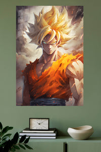 Golden Flame Warrior metal wall art displayed in a modern interior