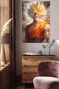 Golden Flame Warrior metal wall art displayed in a contemporary living space