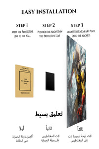 Magnetic mounting installation guide for Golden Caped Hero in Flight metal wall art