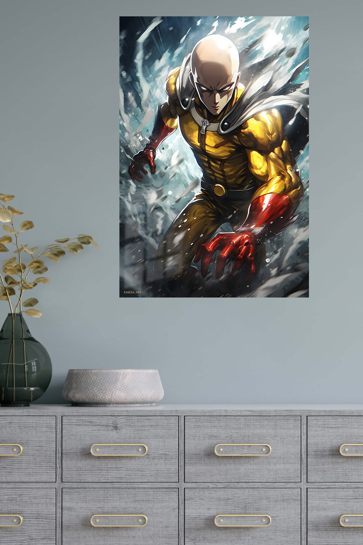 Golden Caped Hero in Flight metal wall art displayed in a modern interior