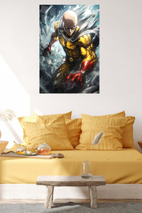Golden Caped Hero in Flight metal wall art displayed in a contemporary living space