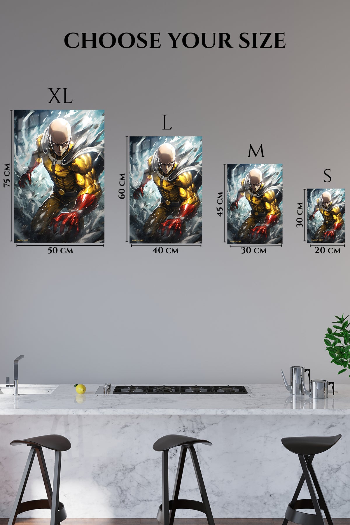 EMESA metal wall art size comparison guide for Golden Caped Hero in Flight