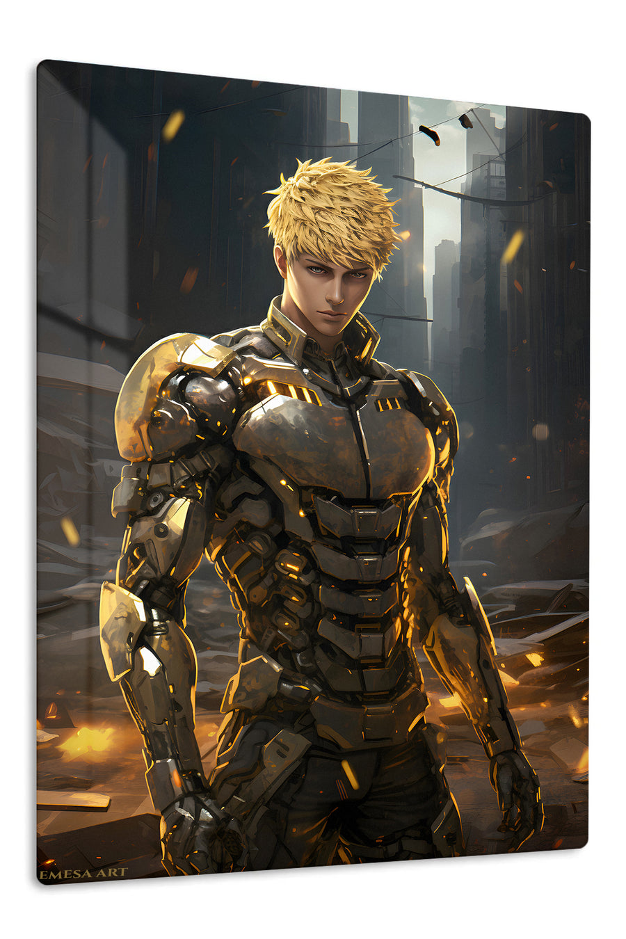 Golden Cyborg Sentinel premium metal wall art Ã¢â‚¬â€œ front view