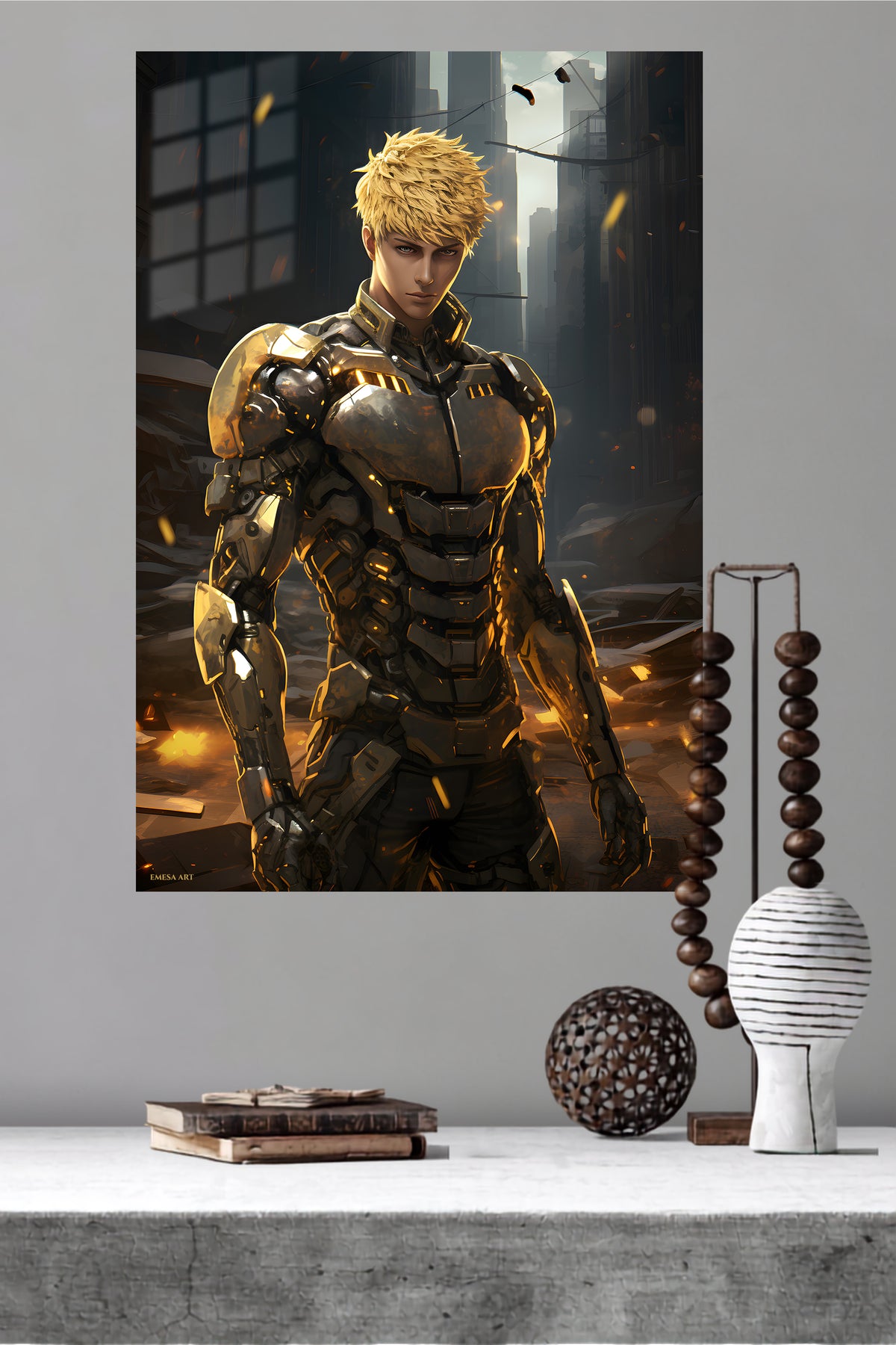 Golden Cyborg Sentinel metal wall art displayed in a modern interior