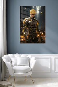 Golden Cyborg Sentinel metal wall art displayed in a contemporary living space