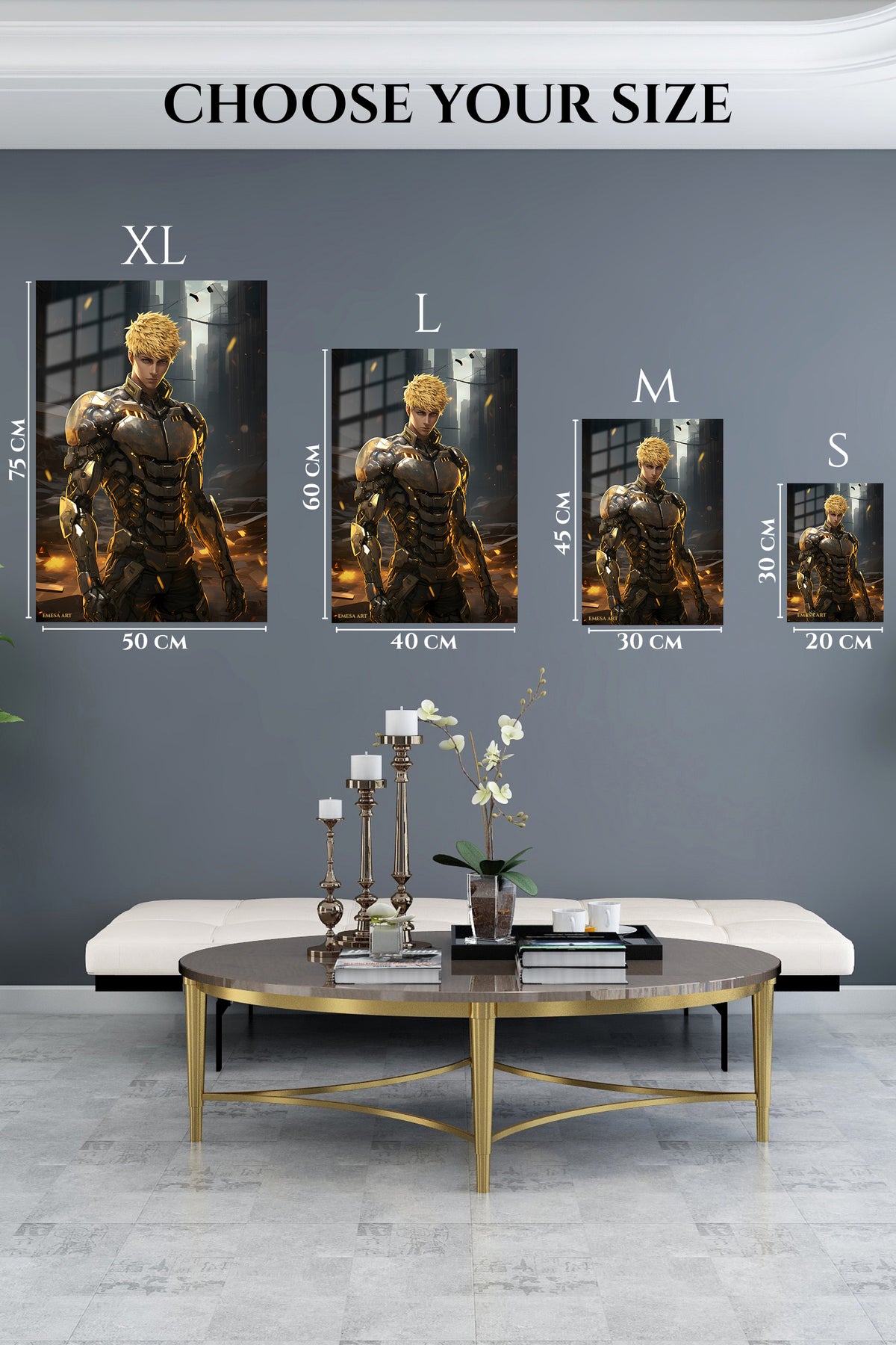 EMESA metal wall art size comparison guide for Golden Cyborg Sentinel