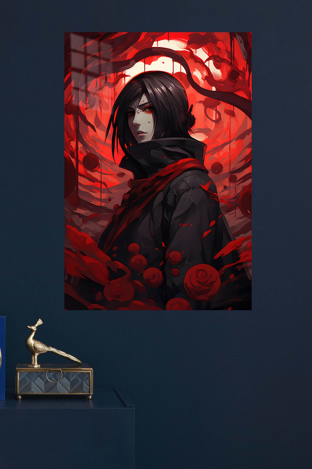 Crimson Petal Shadow Warrior metal wall art displayed in a modern interior