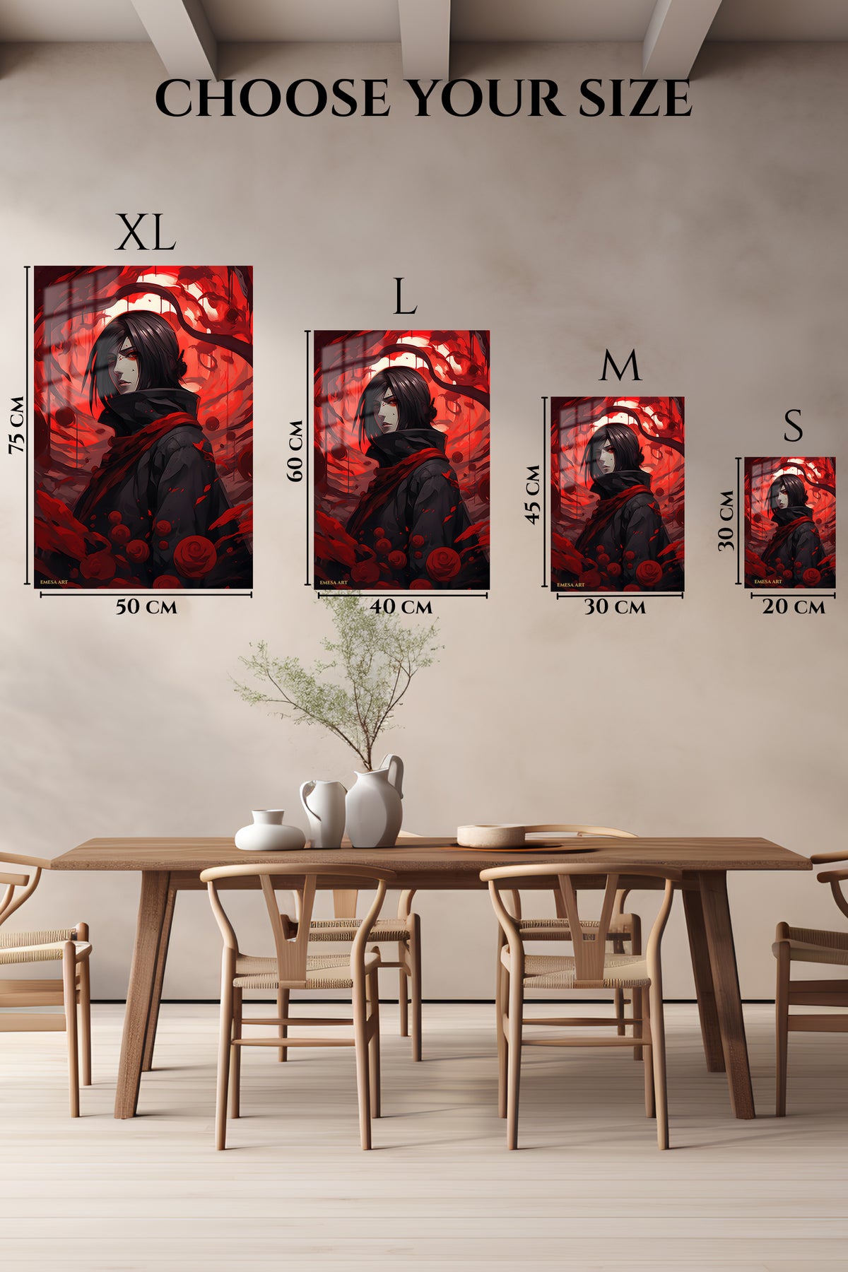 EMESA metal wall art size comparison guide for Crimson Petal Shadow Warrior