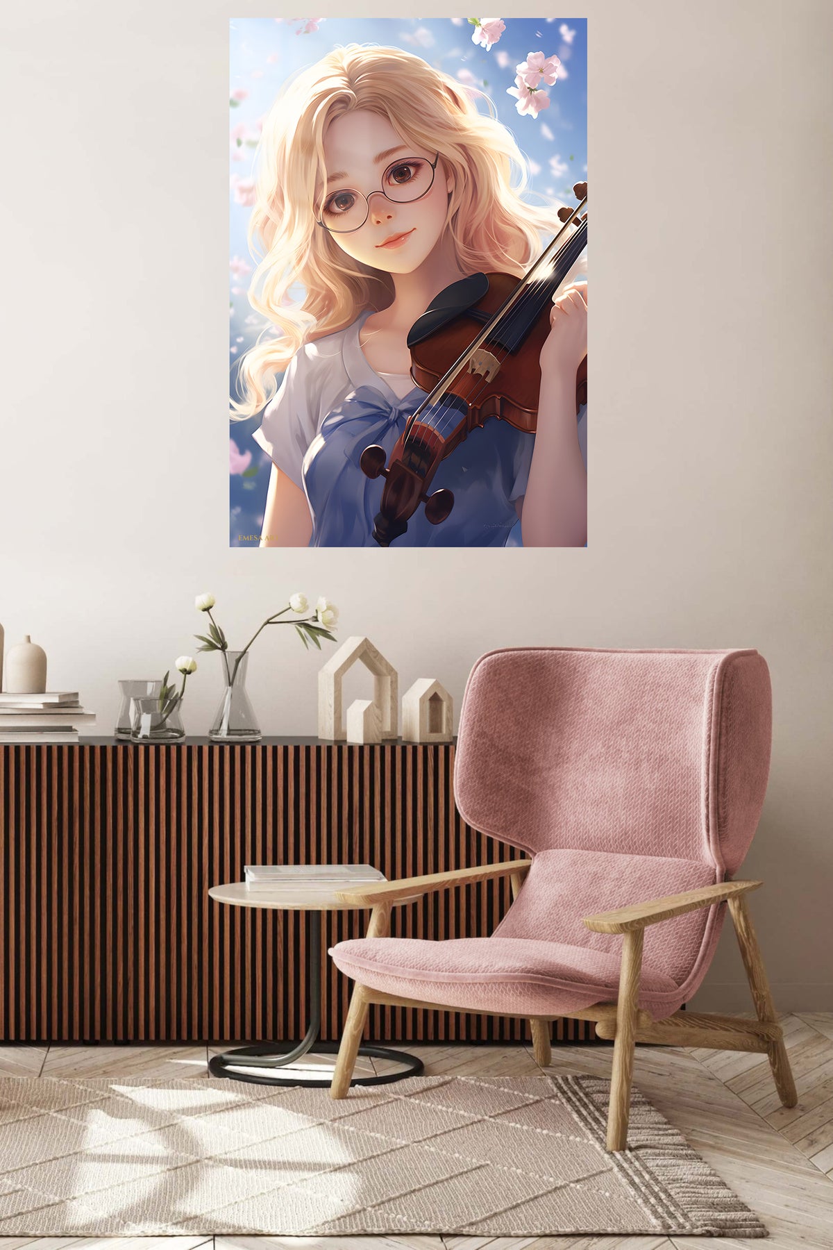 Springtime Violinist metal wall art displayed in a contemporary living space
