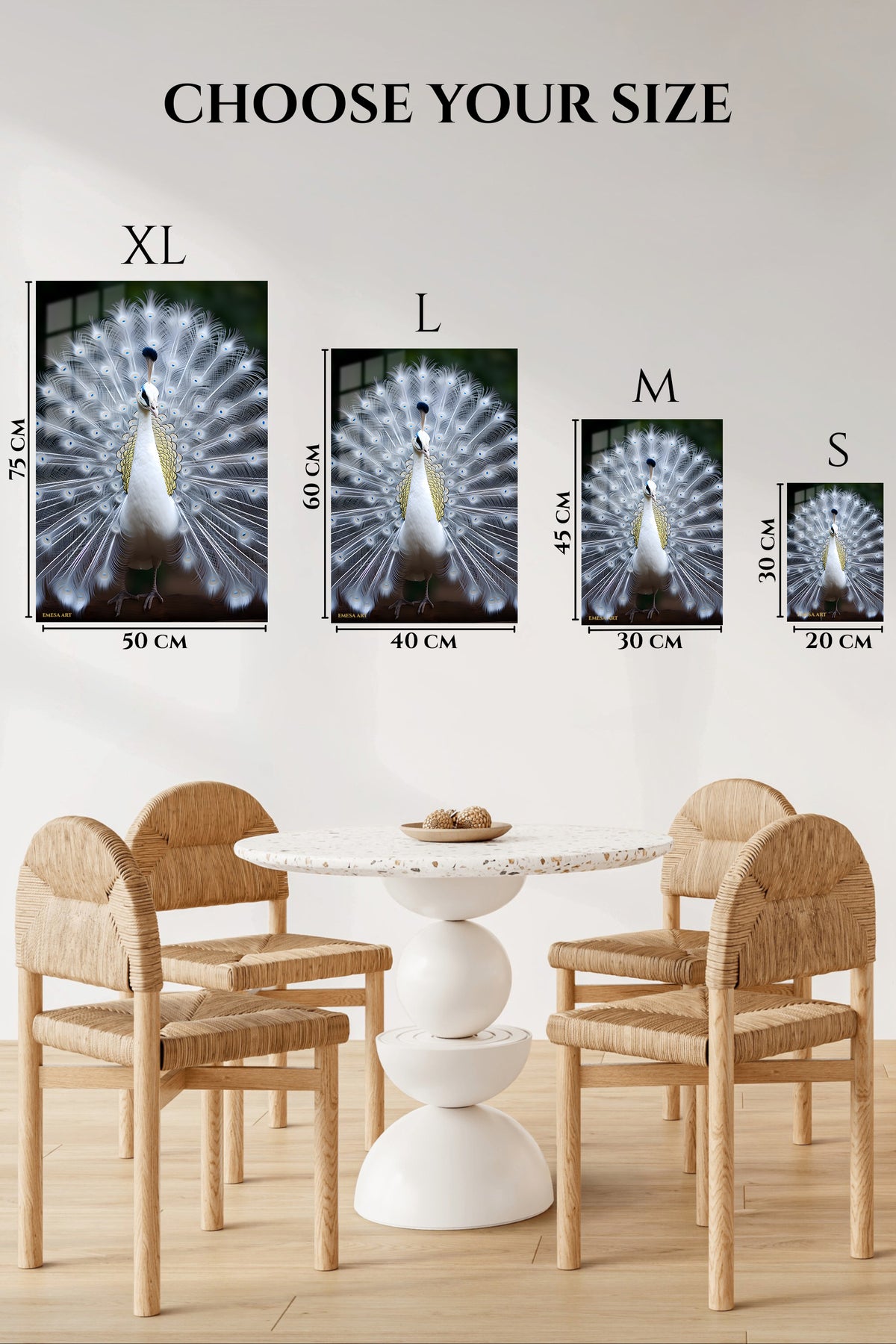 EMESA metal wall art size comparison guide for White Peacock in Full Display