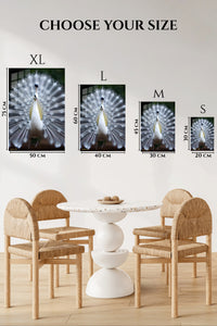 EMESA metal wall art size comparison guide for White Peacock in Full Display