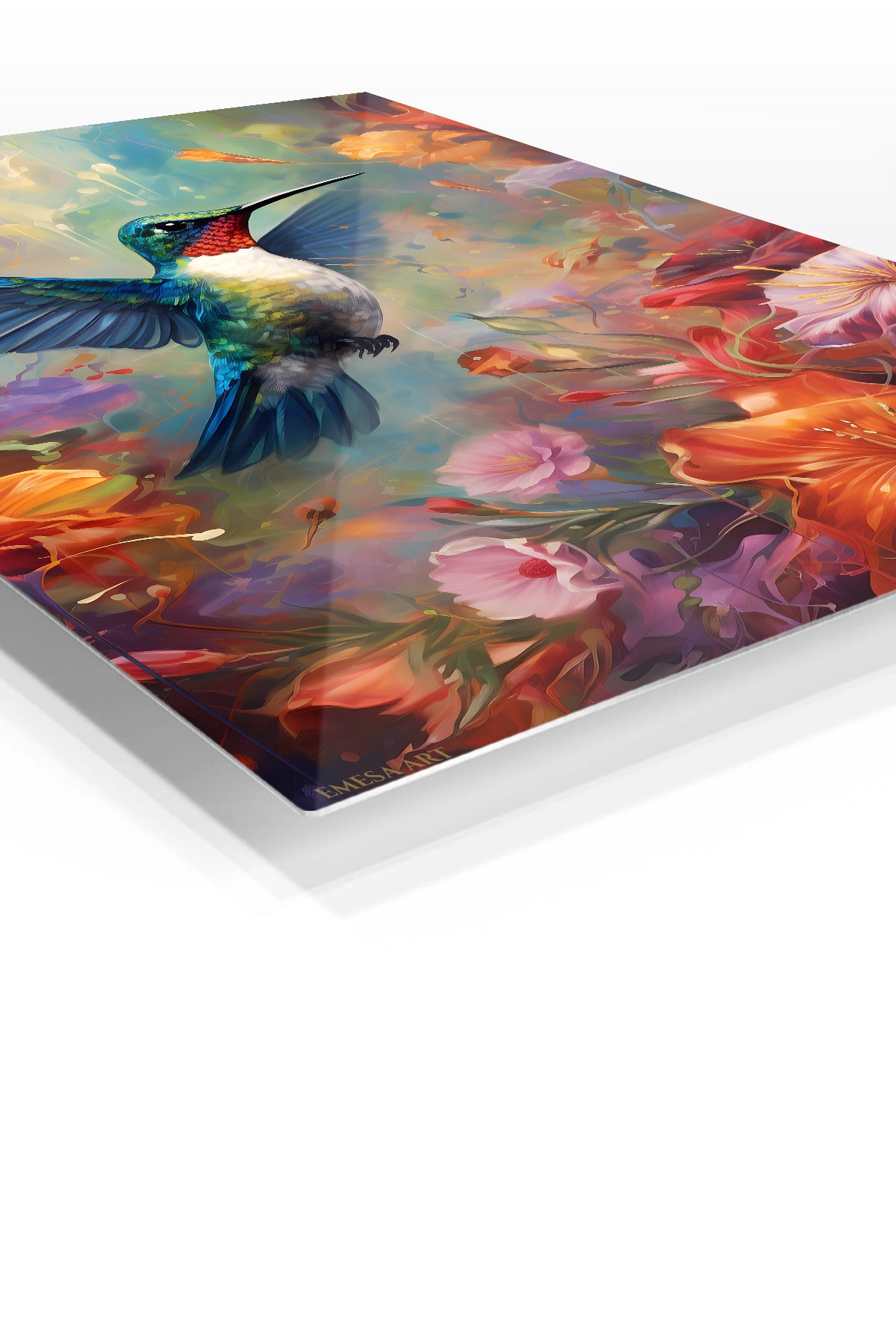 Hummingbird Among Luminous Flowers premium metal wall art – angled view