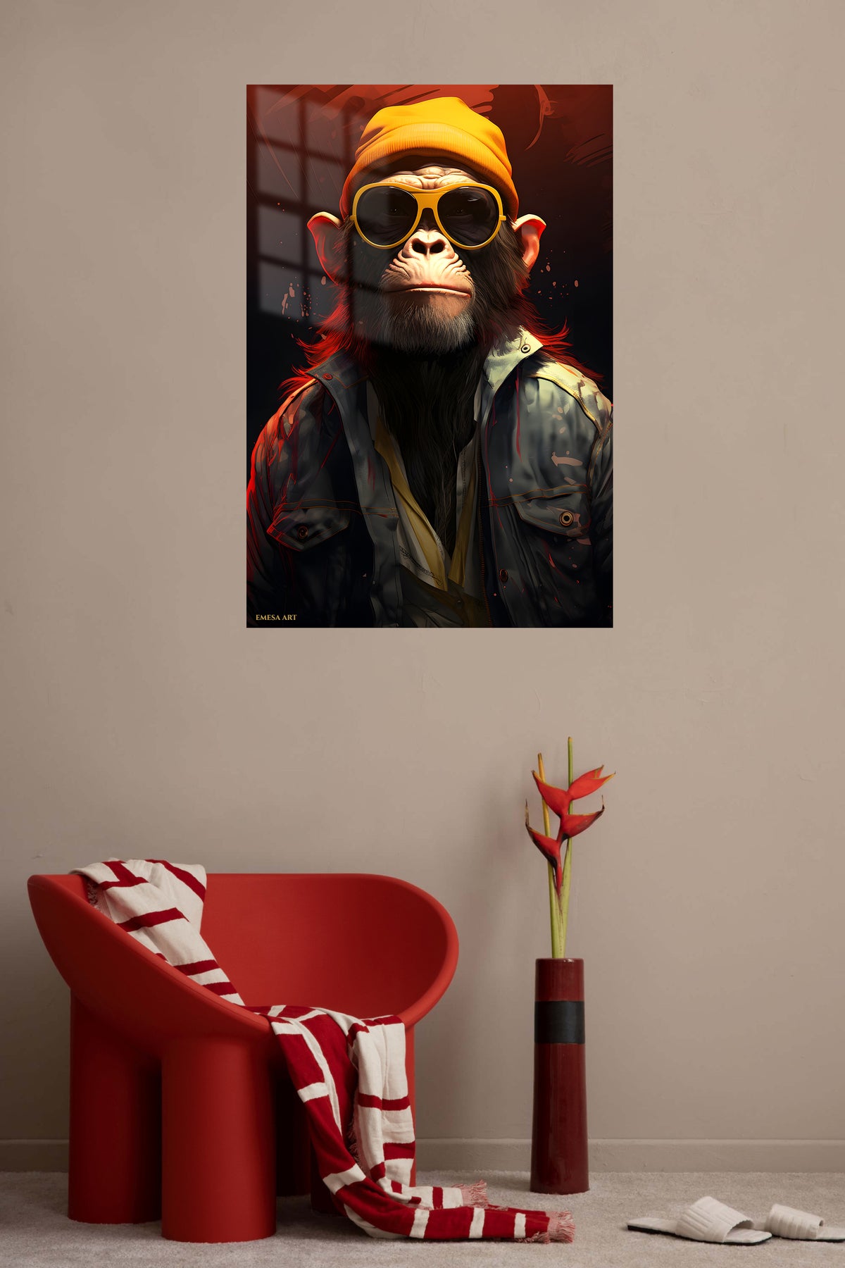 Vibrant Jungle Chameleon metal wall art displayed in a contemporary living space