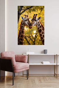 Giraffe Nuzzle at Golden Hour metal wall art displayed in a contemporary living space