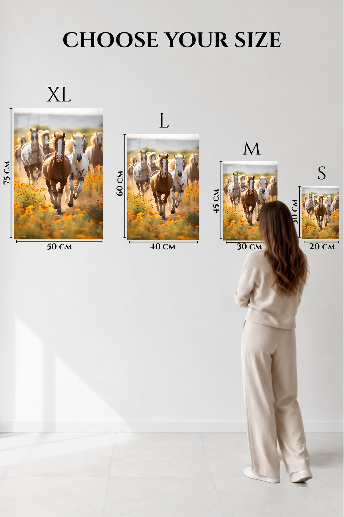 EMESA metal wall art size comparison guide for Sunlit Cat and Window Bird
