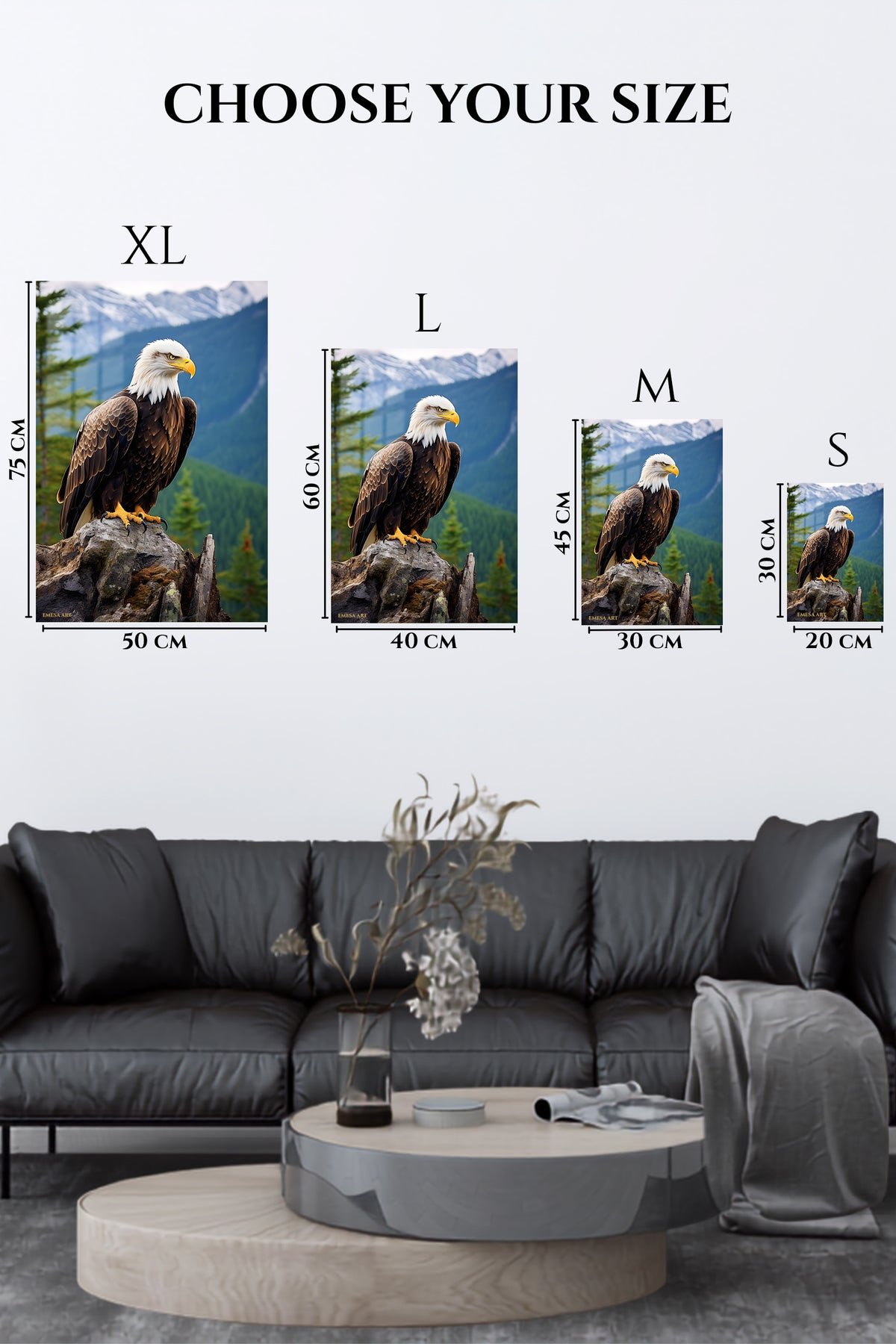 EMESA metal wall art size comparison guide for Jungle Tiger Portrait