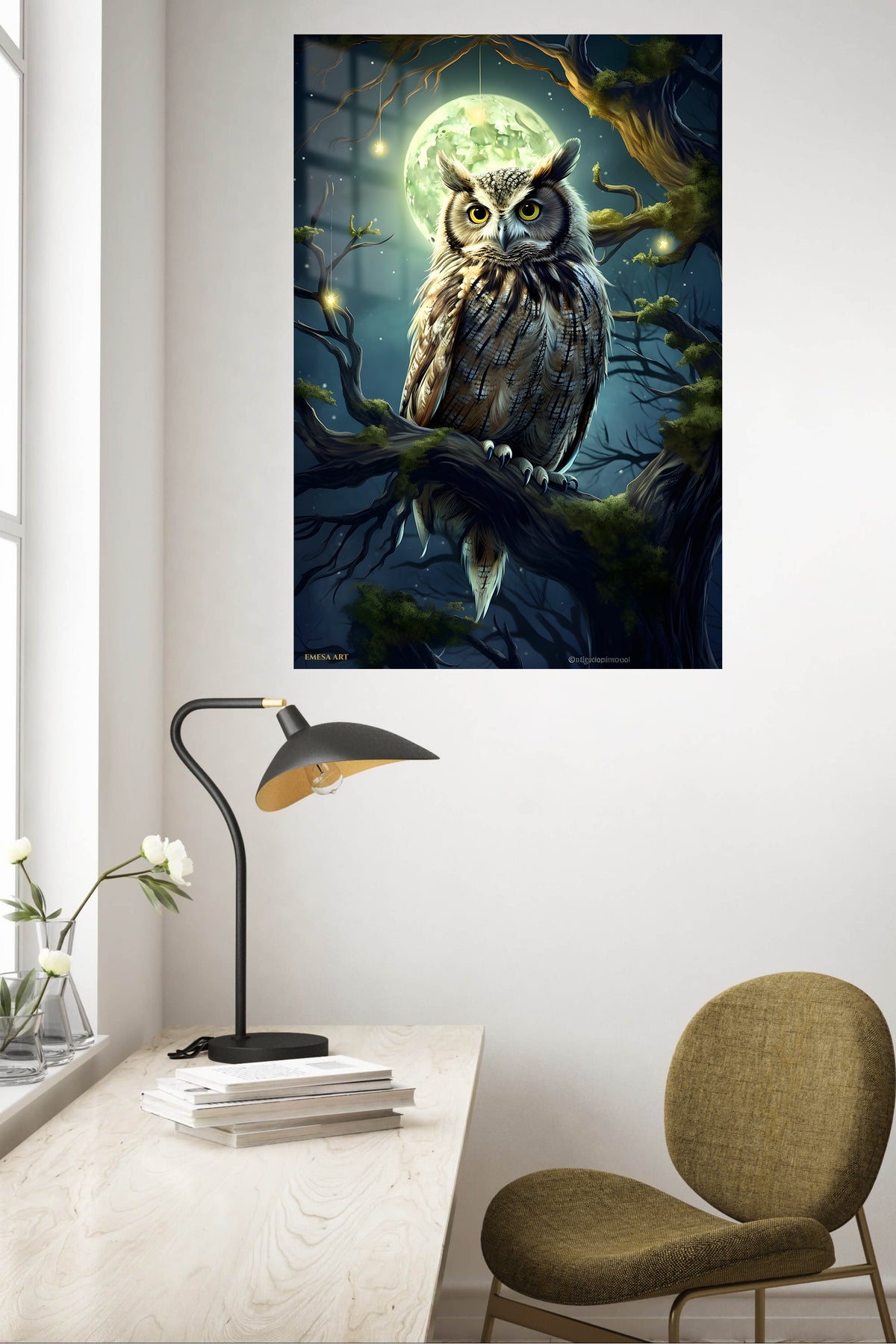 Moonlit Forest Cat metal wall art displayed in a contemporary living space