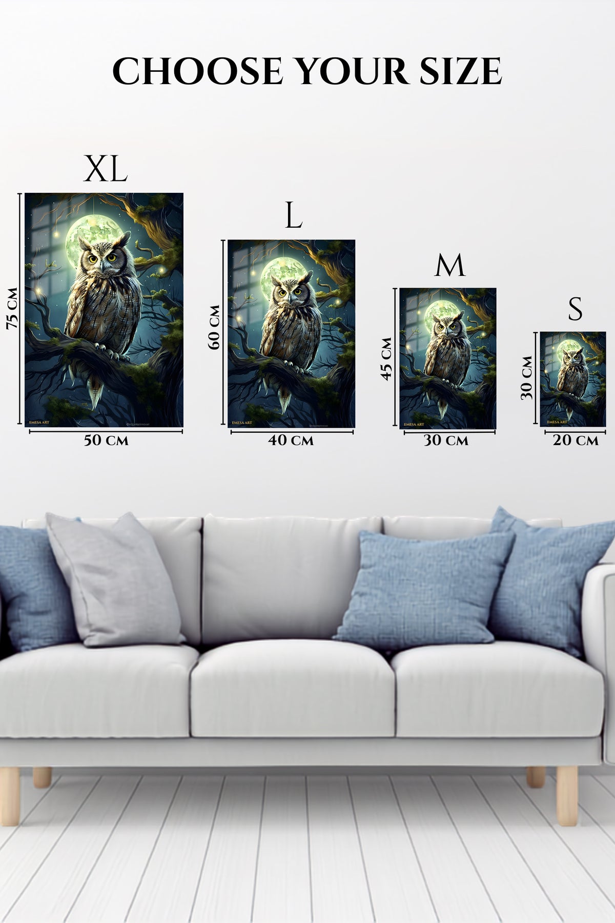 EMESA metal wall art size comparison guide for Moonlit Forest Cat
