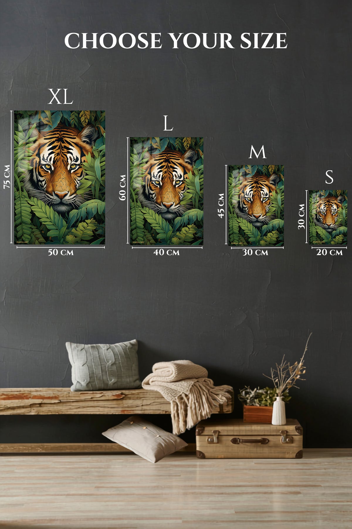 EMESA metal wall art size comparison guide for Jungle Tiger Gaze