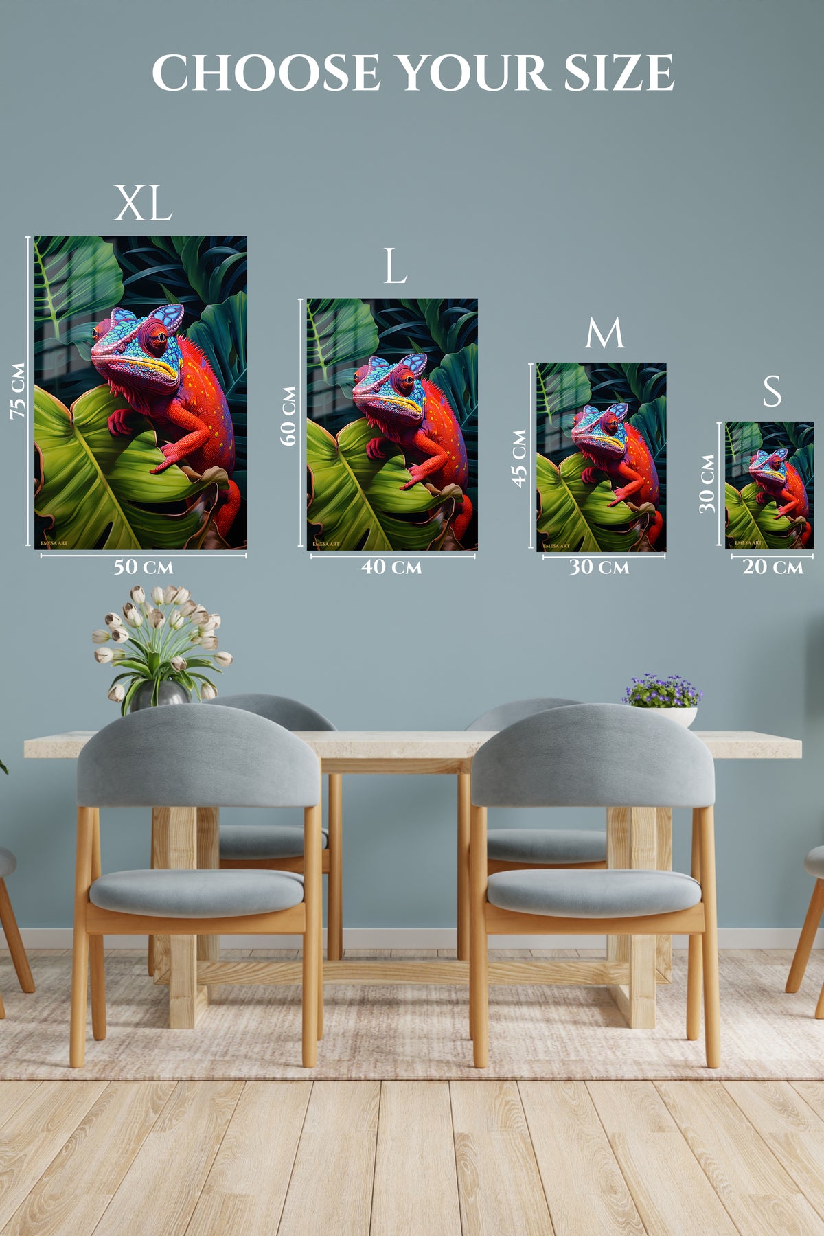 EMESA metal wall art size comparison guide for Jungle Tiger Gaze
