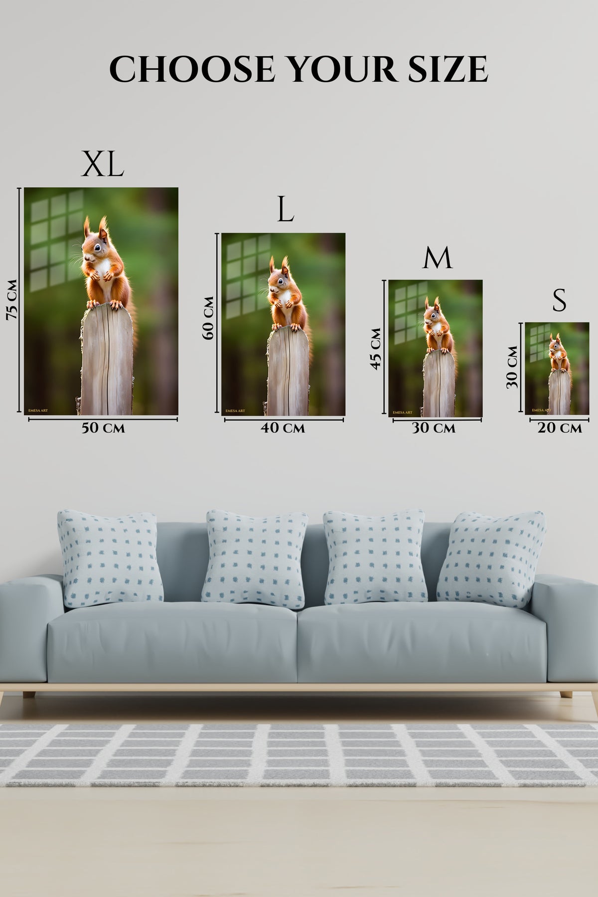 EMESA metal wall art size comparison guide for Curious Squirrel on a Garden Post
