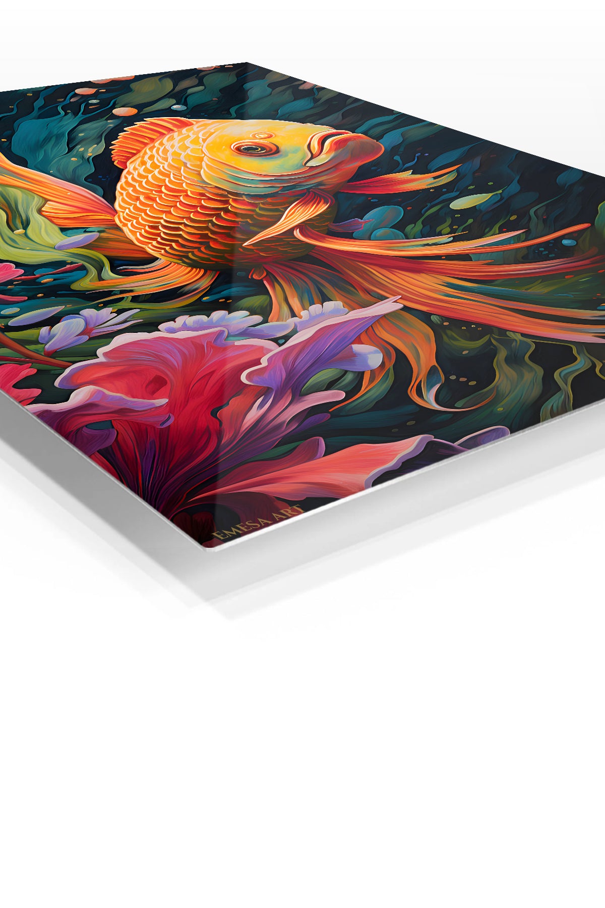 Vivid Chameleon in Tropical Leaves premium metal wall art – angled view