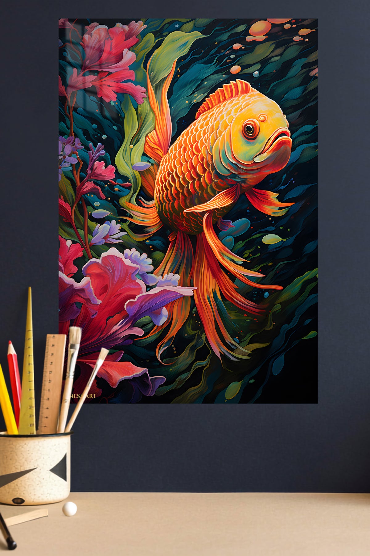 Vivid Chameleon in Tropical Leaves metal wall art displayed in a modern interior
