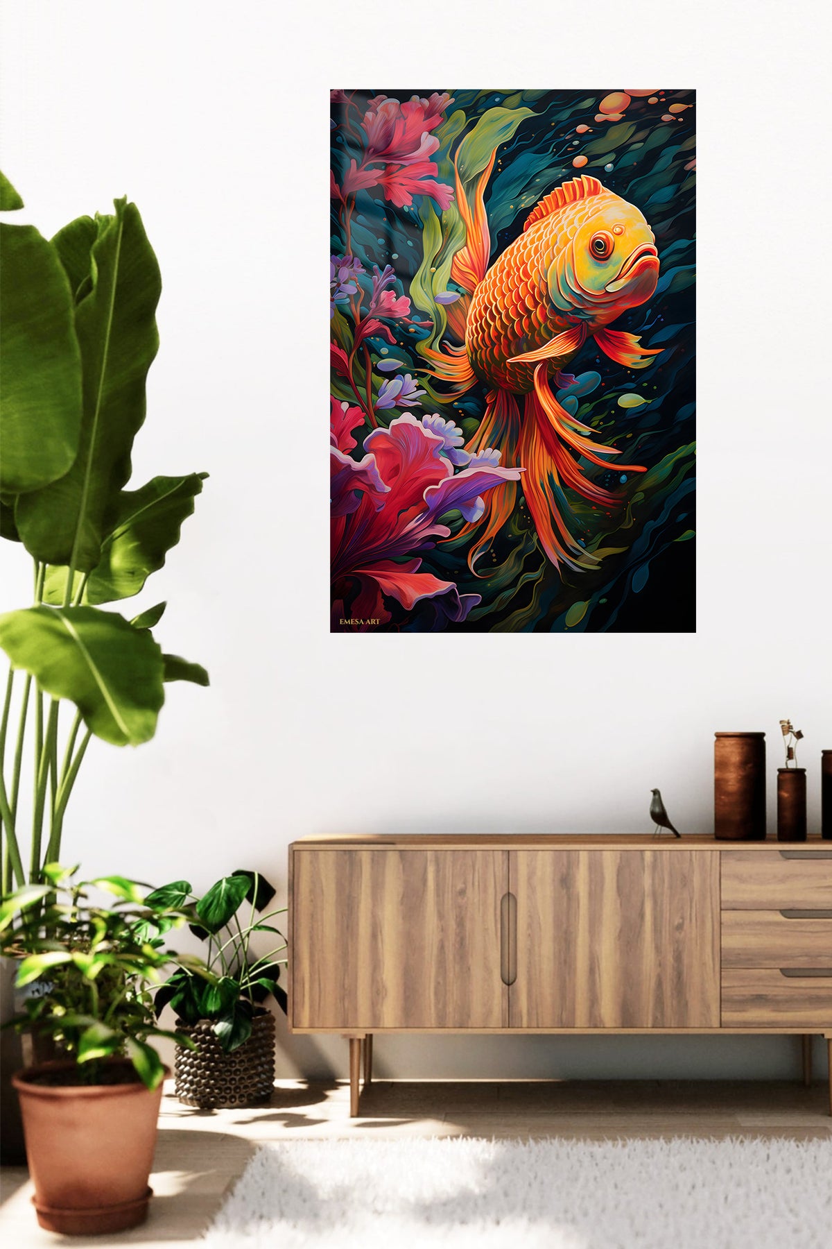 Vivid Chameleon in Tropical Leaves metal wall art displayed in a contemporary living space