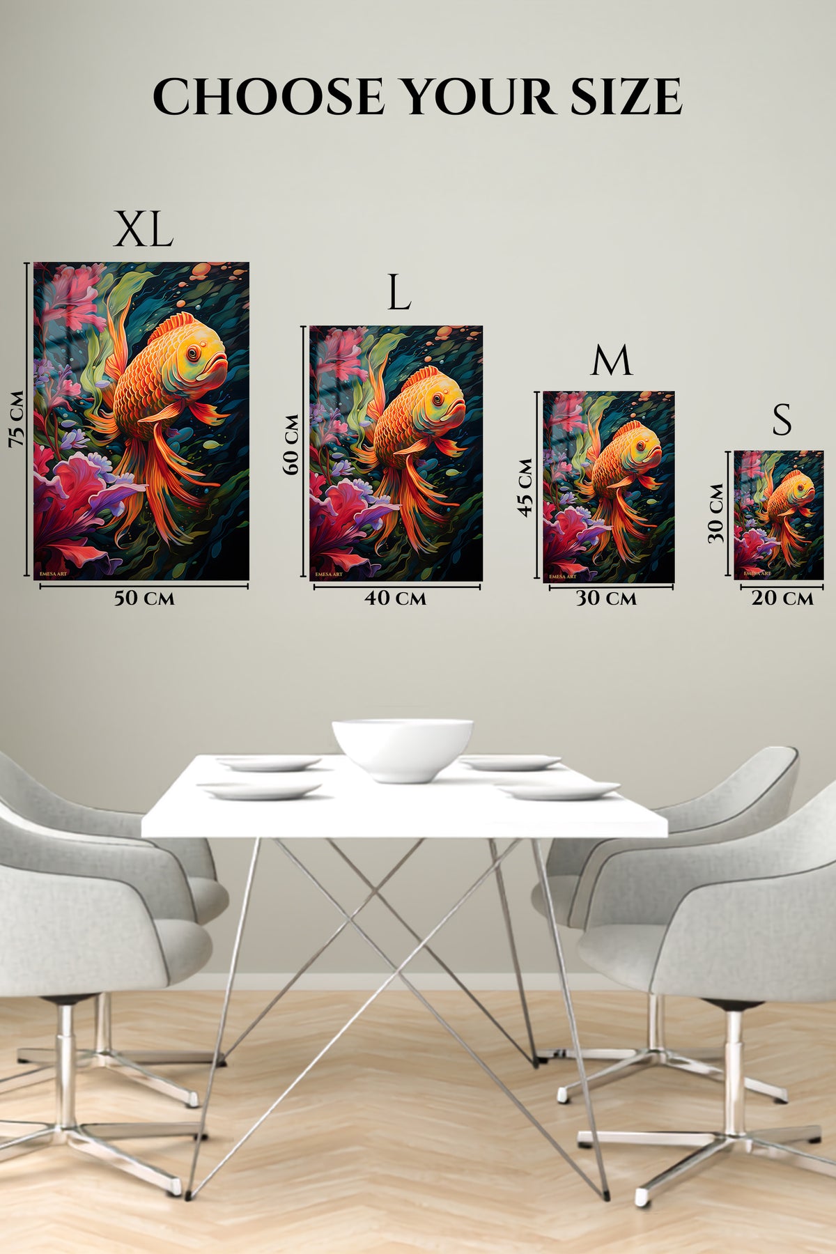 EMESA metal wall art size comparison guide for Vivid Chameleon in Tropical Leaves