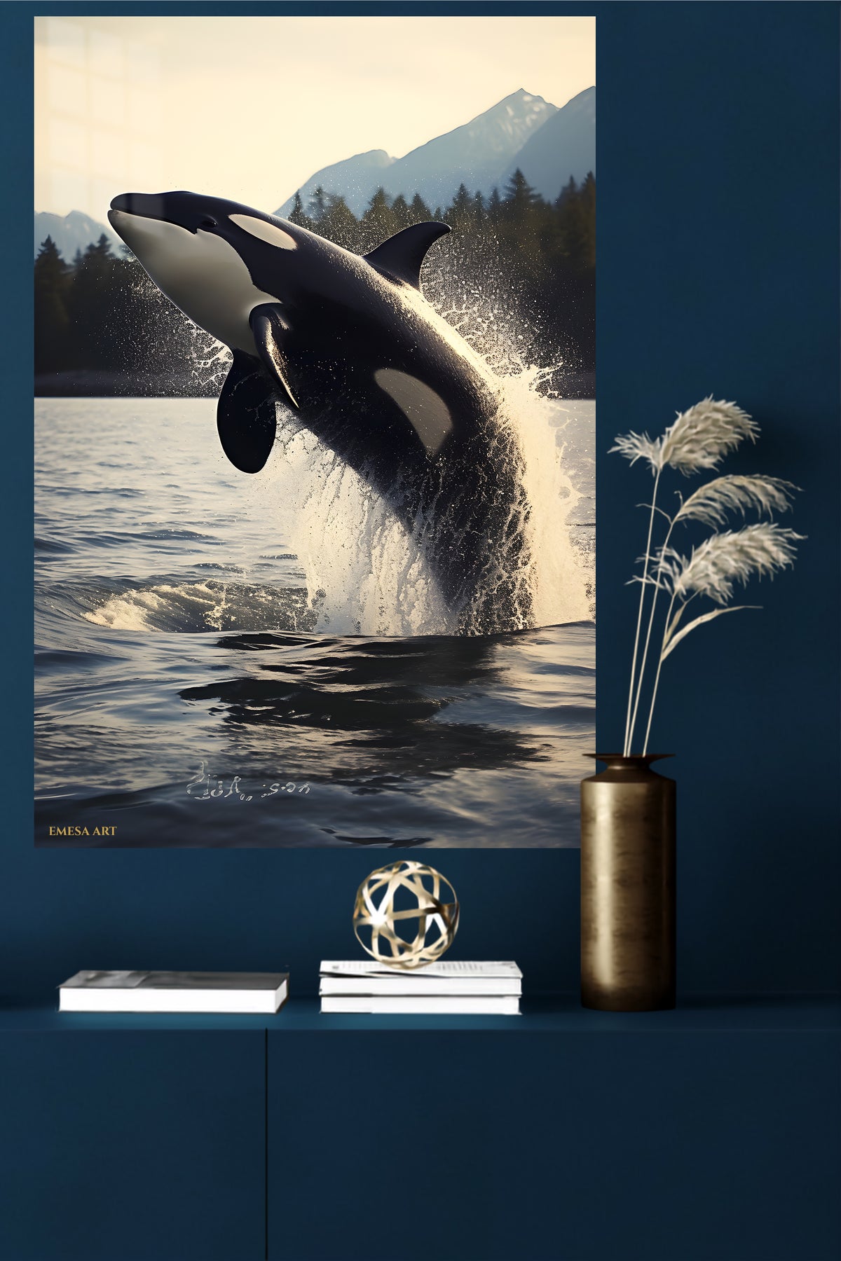 Graceful Swan Reflection metal wall art displayed in a modern interior