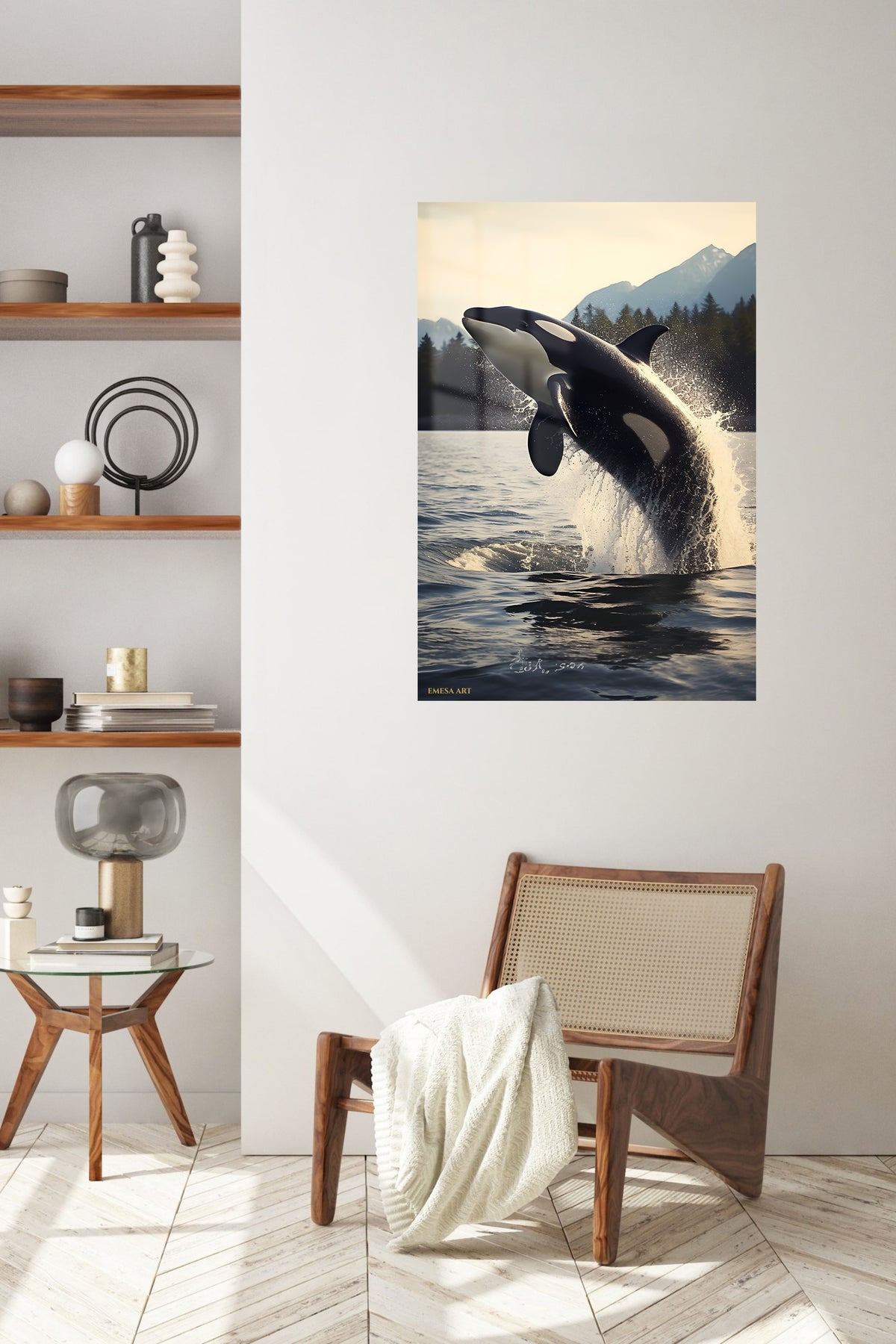 Graceful Swan Reflection metal wall art displayed in a contemporary living space