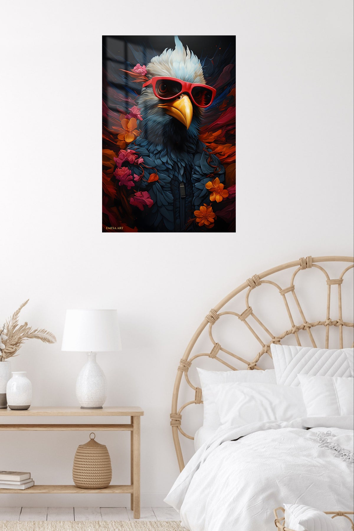 Vivid Spotted Frog on Orange Leaf metal wall art displayed in a contemporary living space