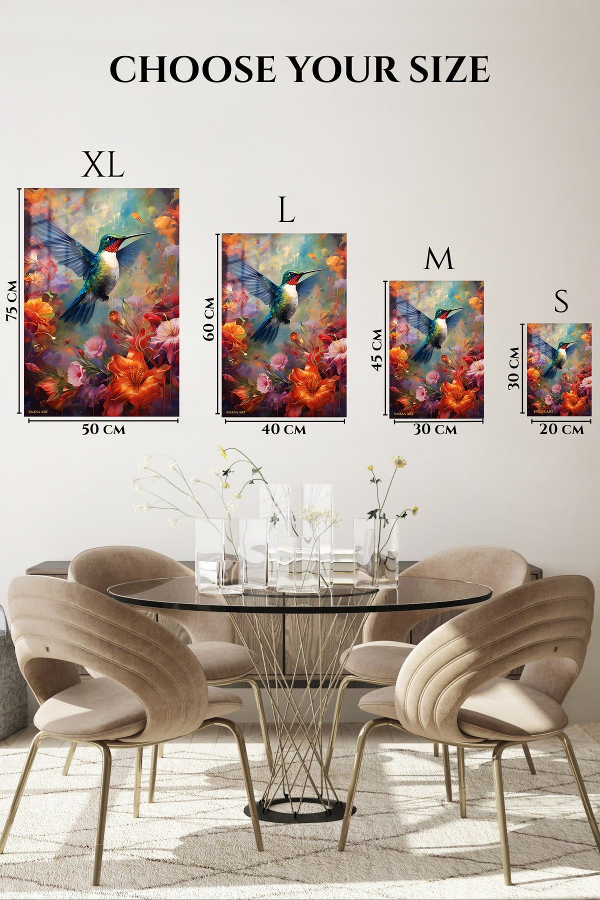 EMESA metal wall art size comparison guide for Joyful Dog in Golden Field