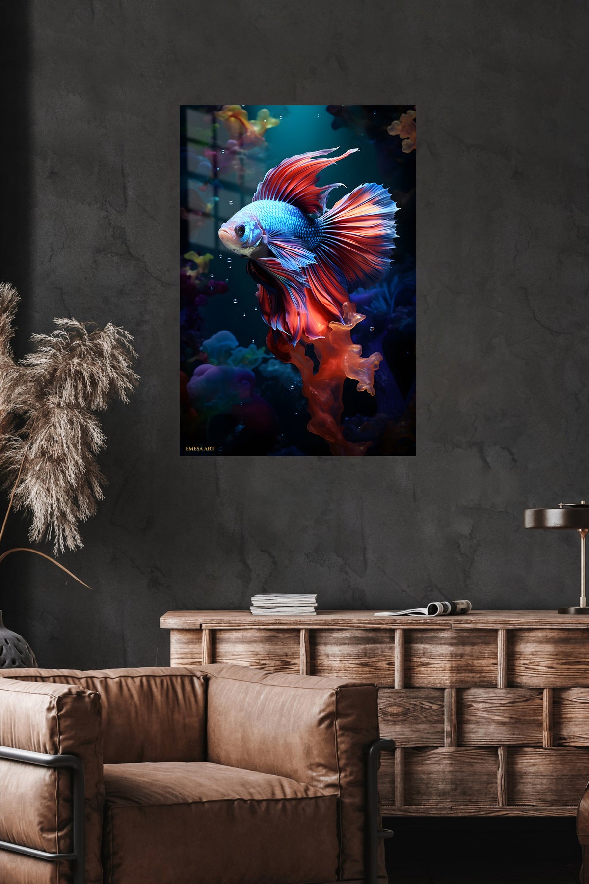 Blue-Eyed Husky in Snow metal wall art displayed in a modern interior