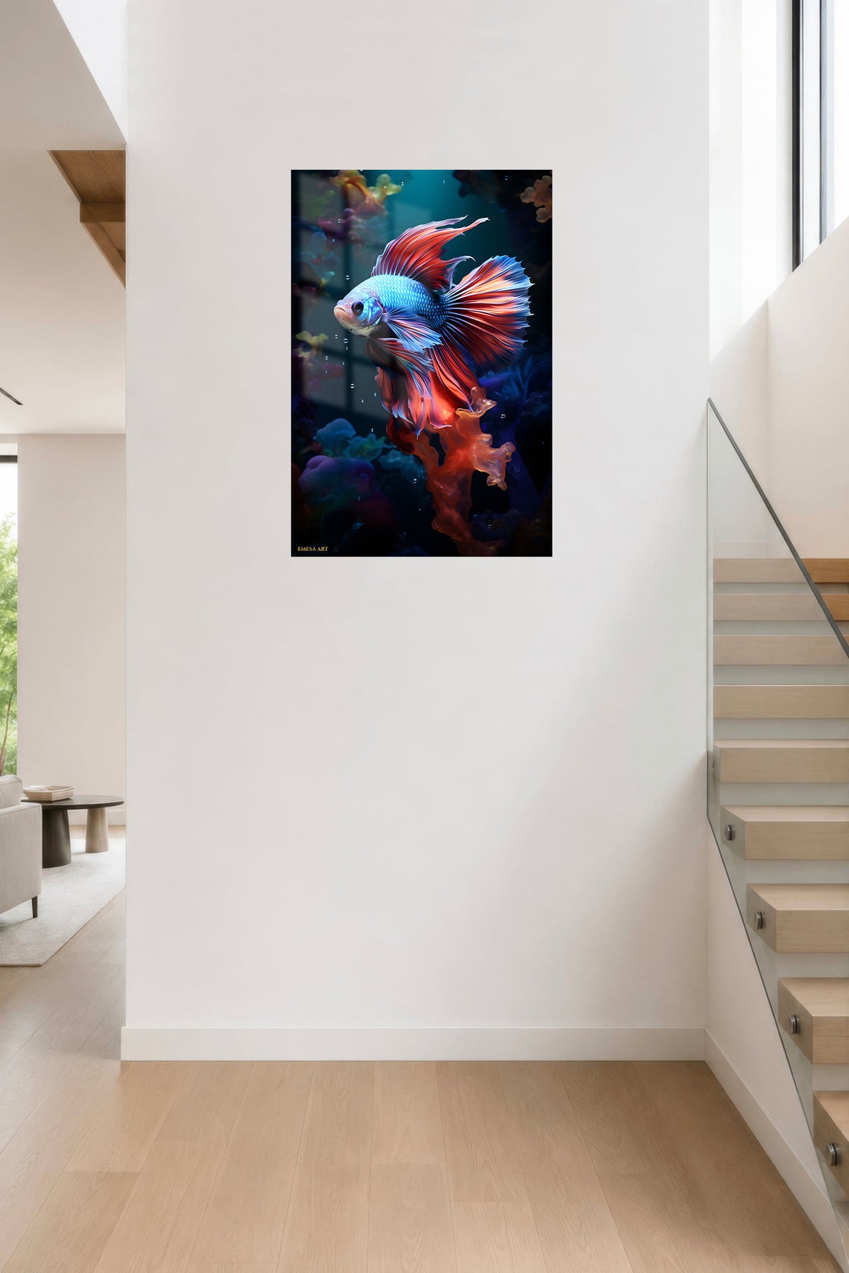 Blue-Eyed Husky in Snow metal wall art displayed in a contemporary living space