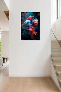 Blue-Eyed Husky in Snow metal wall art displayed in a contemporary living space