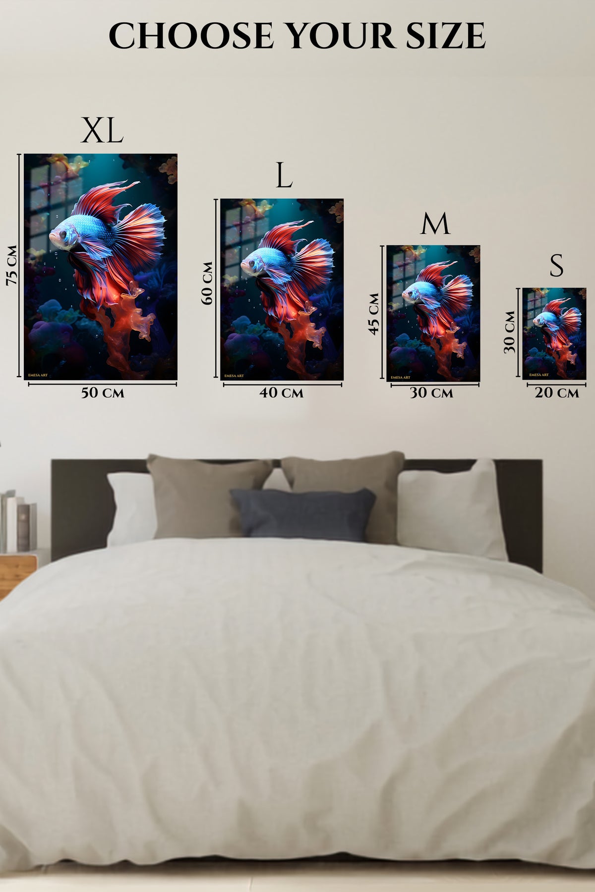 EMESA metal wall art size comparison guide for Blue-Eyed Husky in Snow
