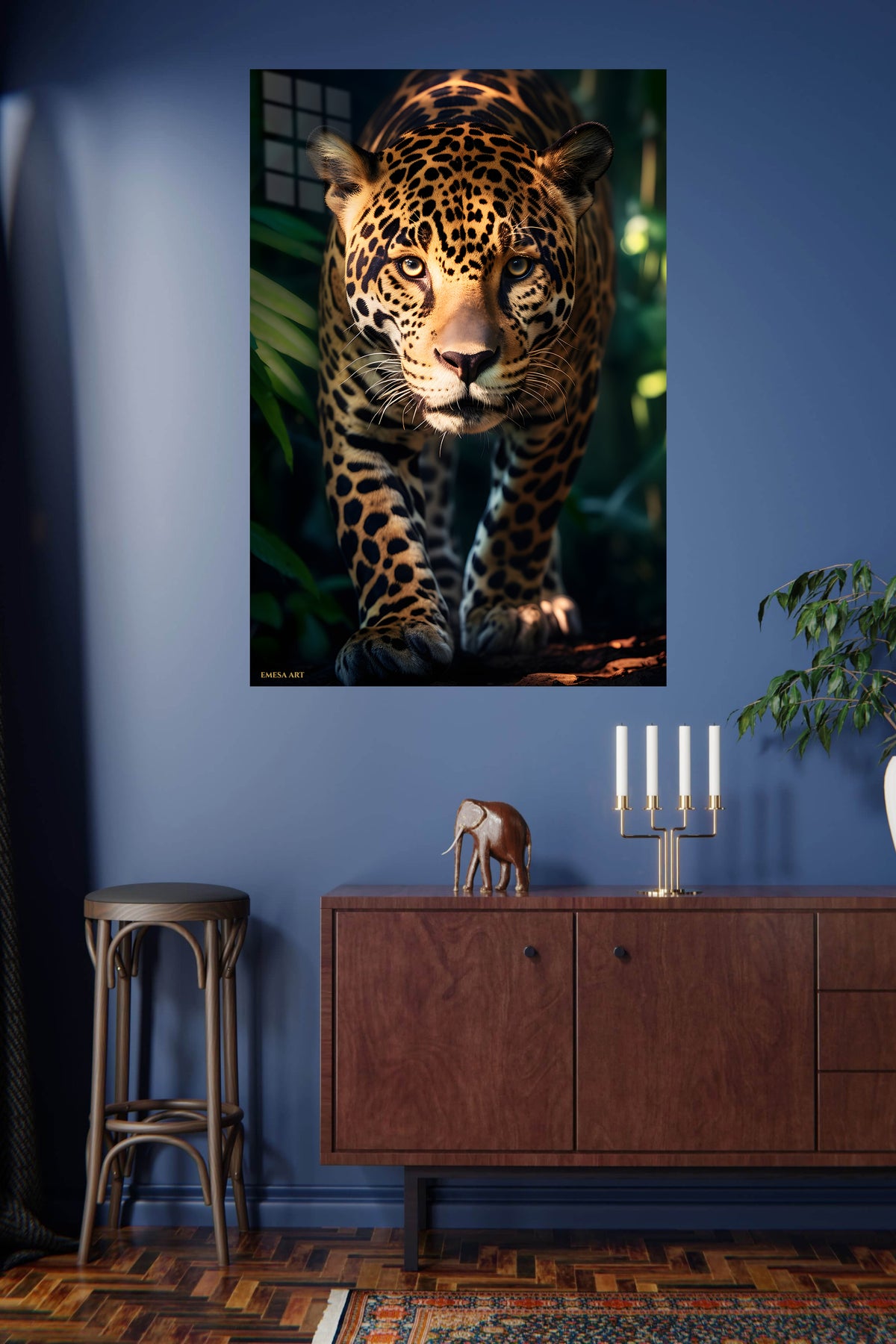 Dapper Quokka in a Raincoat metal wall art displayed in a modern interior