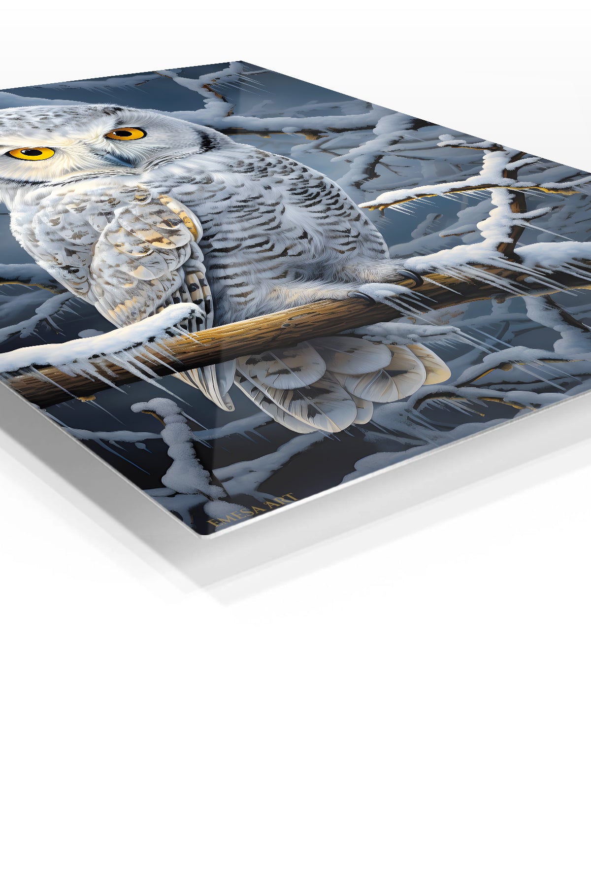 Snowy Owl Among Icy Branches premium metal wall art – angled view
