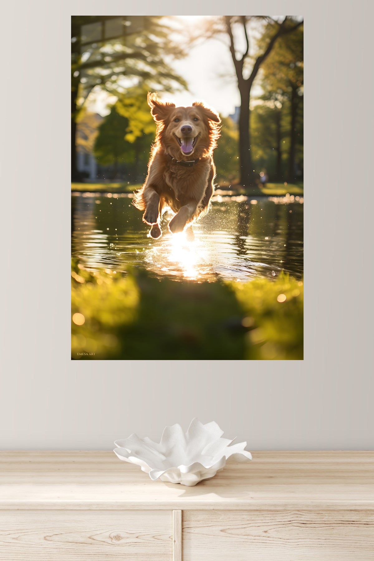 White Horse in Wildflower Meadow metal wall art displayed in a modern interior