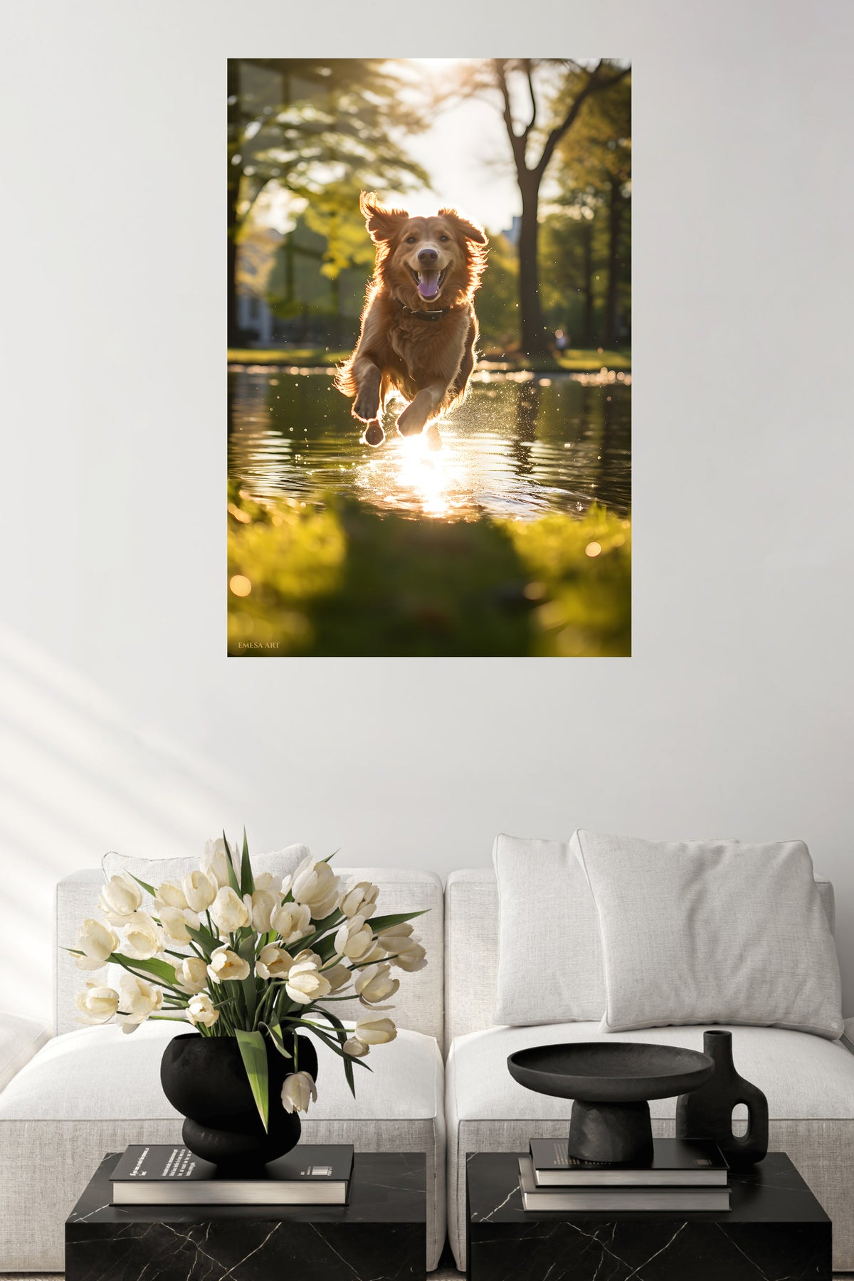 White Horse in Wildflower Meadow metal wall art displayed in a contemporary living space