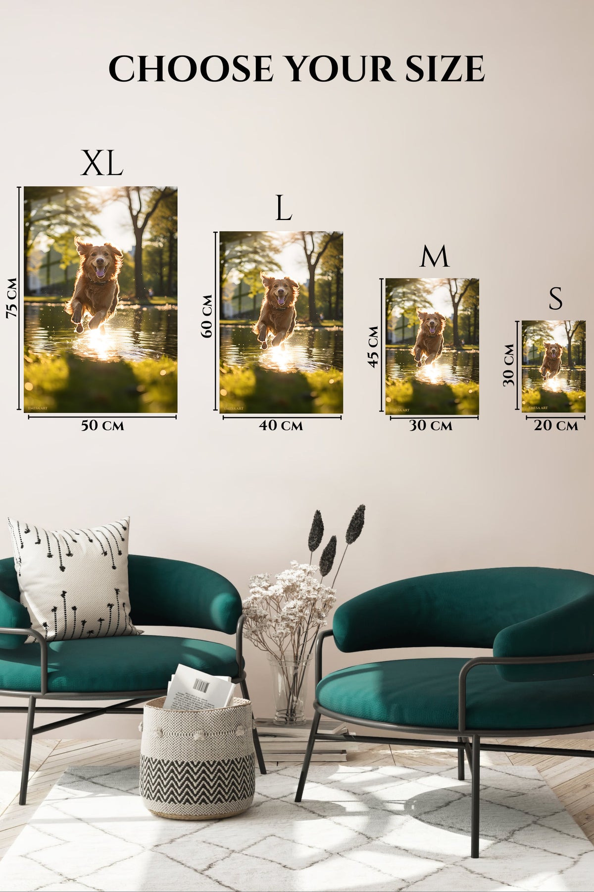 EMESA metal wall art size comparison guide for White Horse in Wildflower Meadow