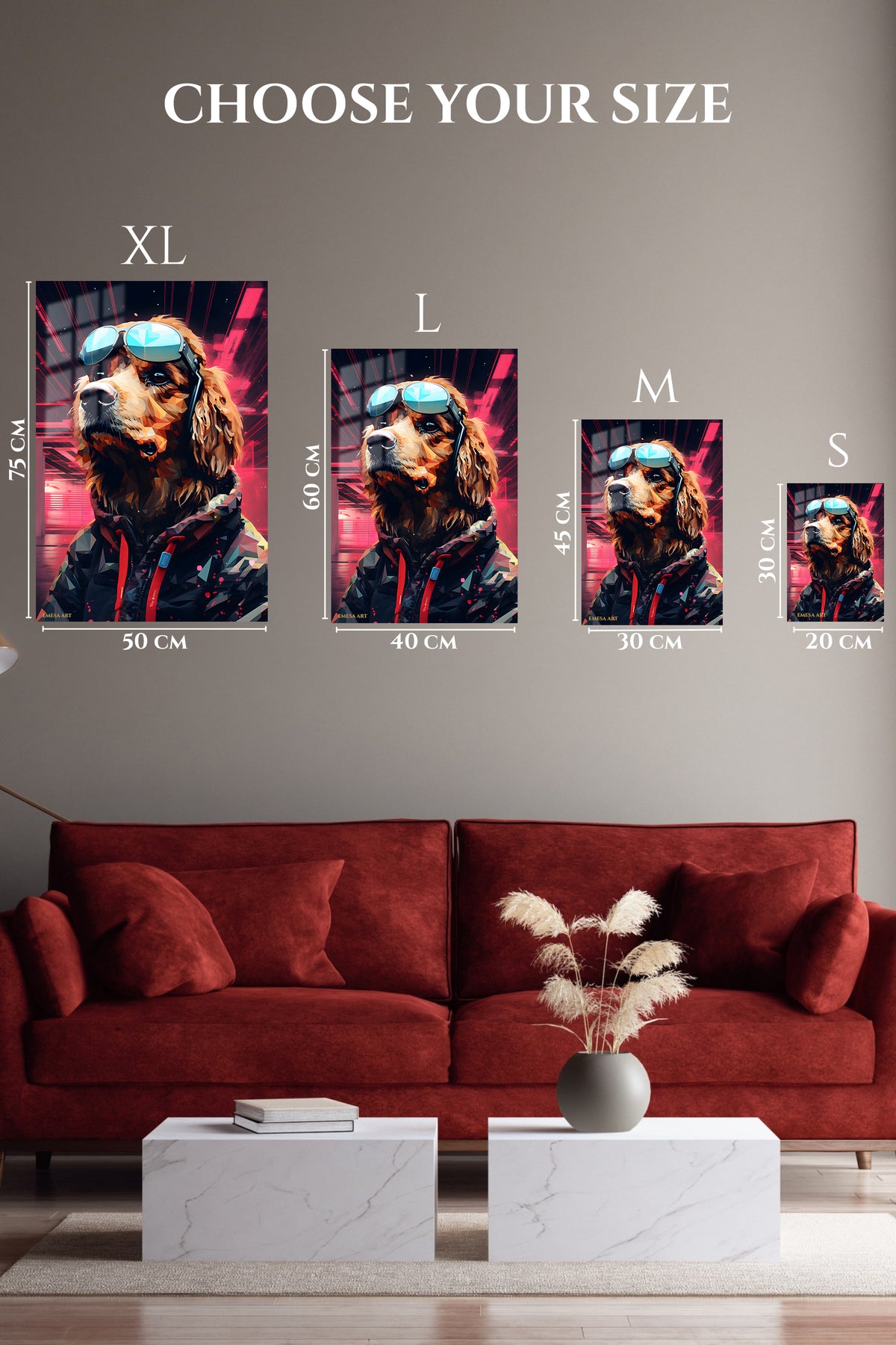 EMESA metal wall art size comparison guide for Cool Bear in Sunglasses